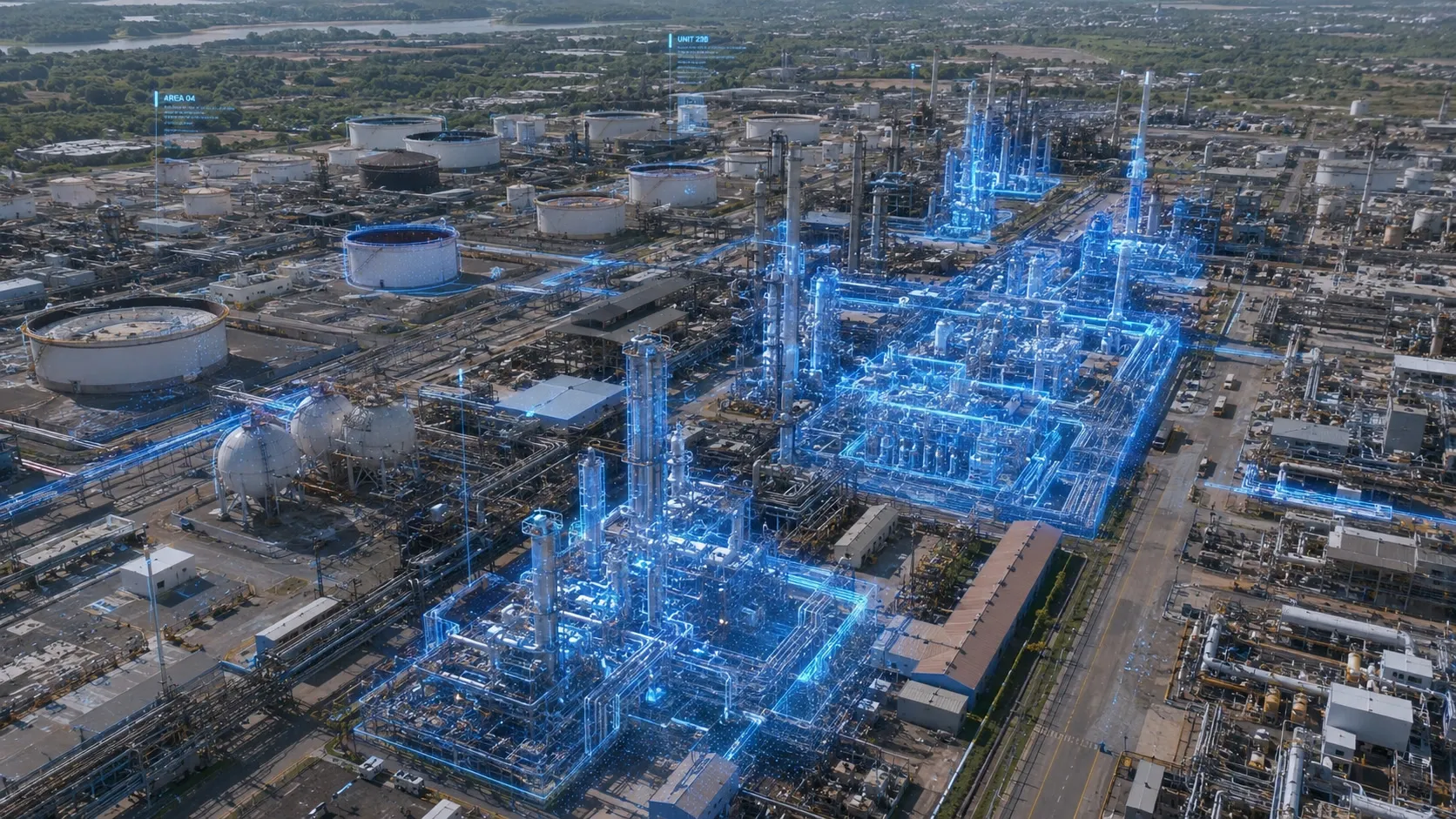 An aerial view of a refinery and tank farm, with part of the plant redrawn as a glowing blue three dimensional model over the photograph, so the measured model and the real asset are visible in the same frame.