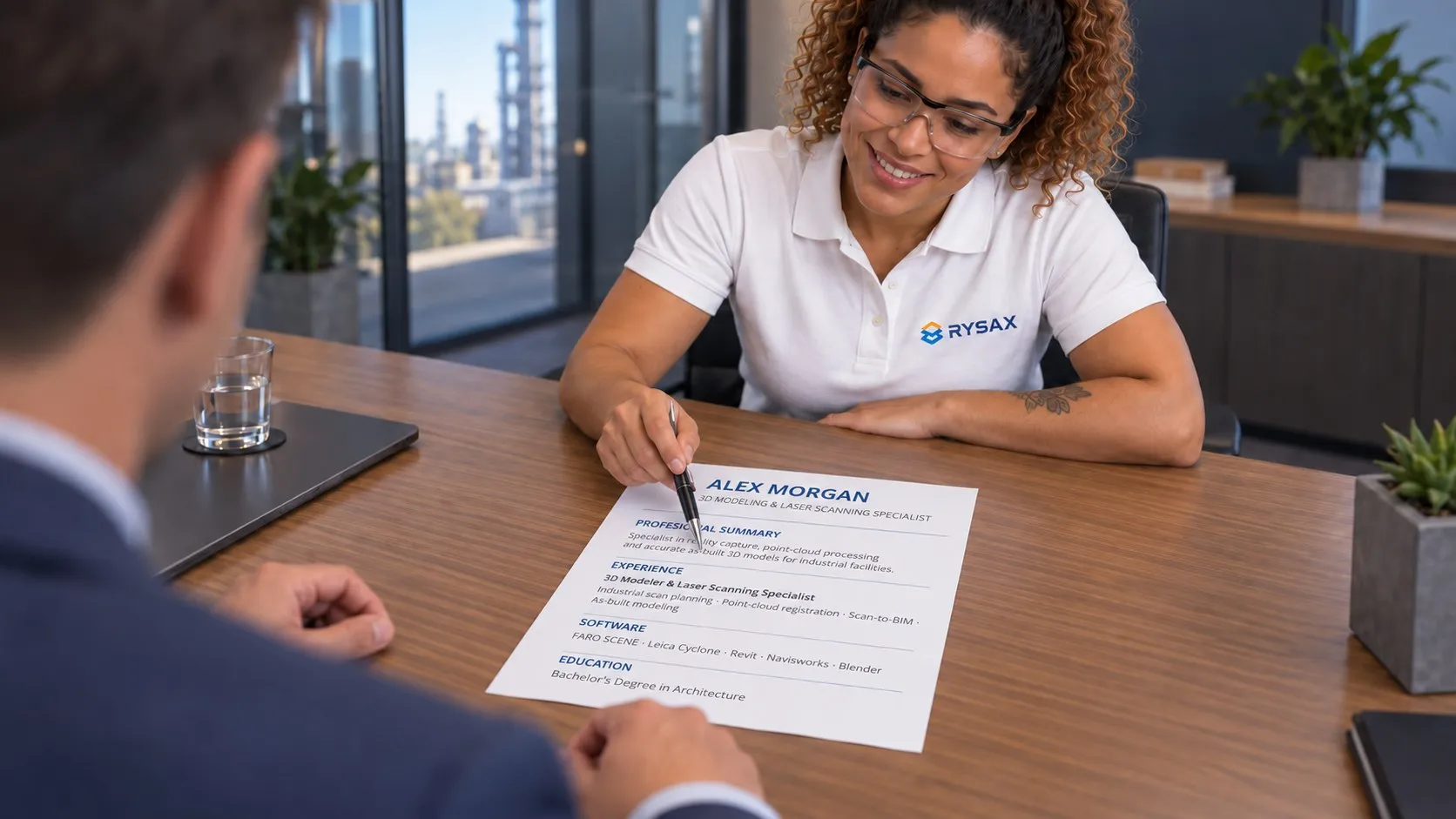 A Rysax colleague across a table from a candidate, pointing with a pen at a printed resume between them.