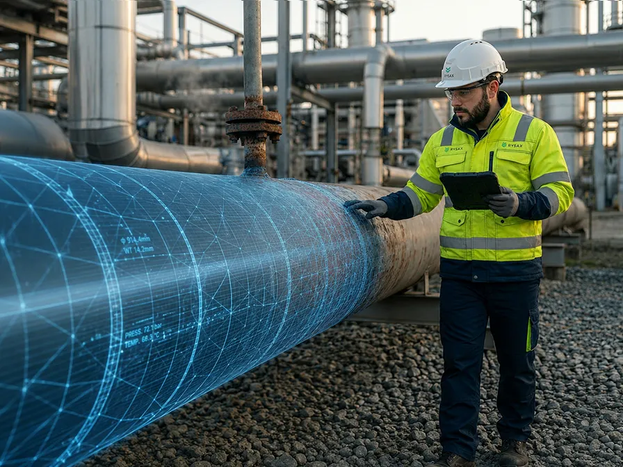 A Rysax crew member with a tablet in front of a process structure, part of it redrawn over the photograph as a glowing blue wireframe model.
