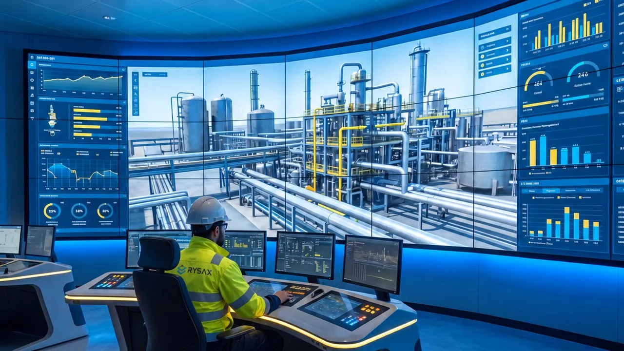 An operator at a curved control room desk in front of a wall of screens showing a plant model and live dashboards.