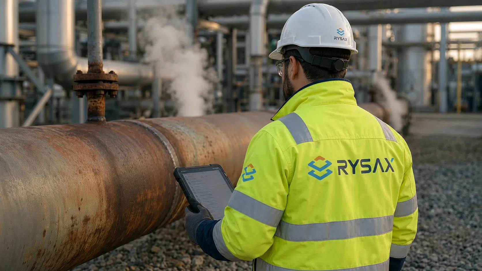 A Rysax field inspector seen from behind, holding a rugged tablet beside a corroded pipeline in a process unit, steam rising in the background.