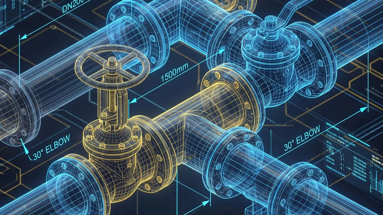 A wireframe model of flanged pipework and valves with dimension callouts drawn over it.