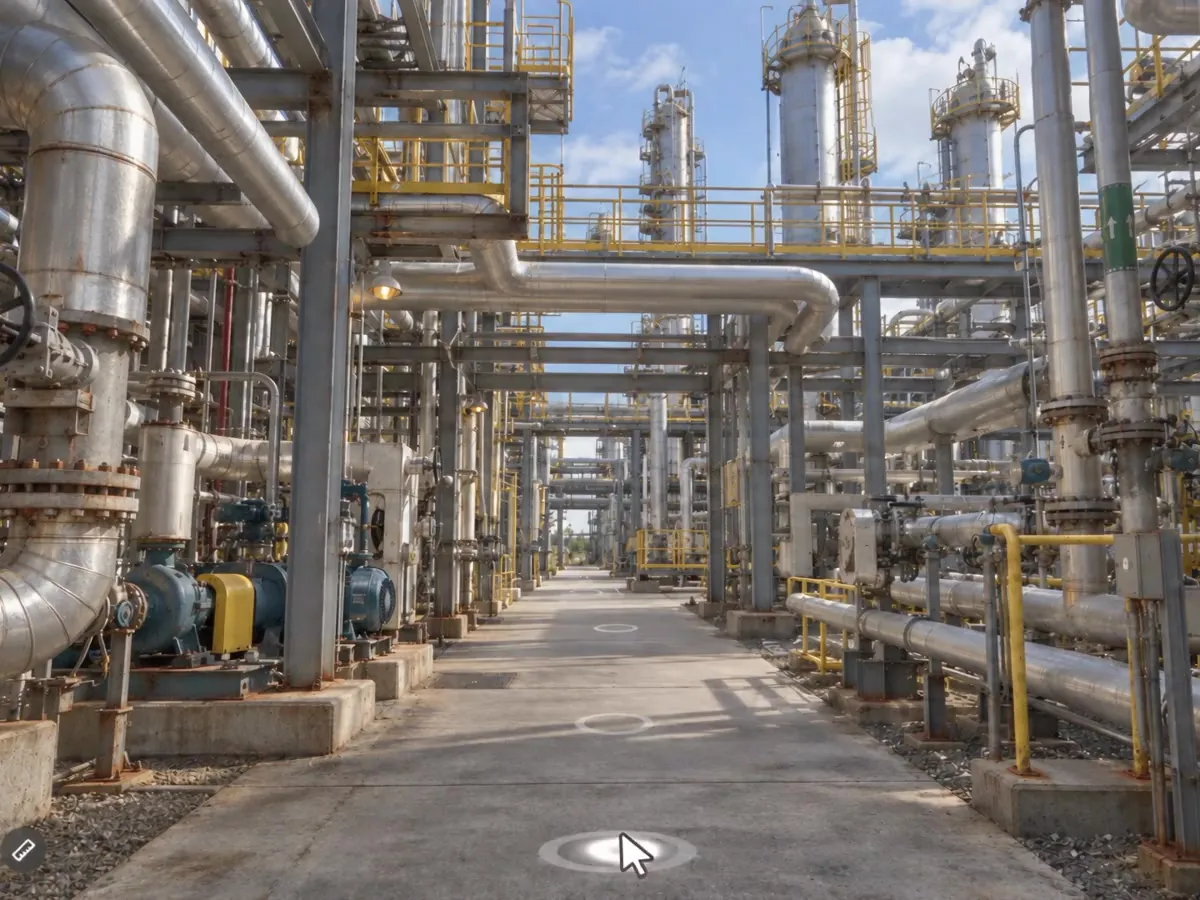 A virtual tour of a refinery process unit open in its viewer, looking down an alley of pipework and columns, with the markers you step between on the ground.
