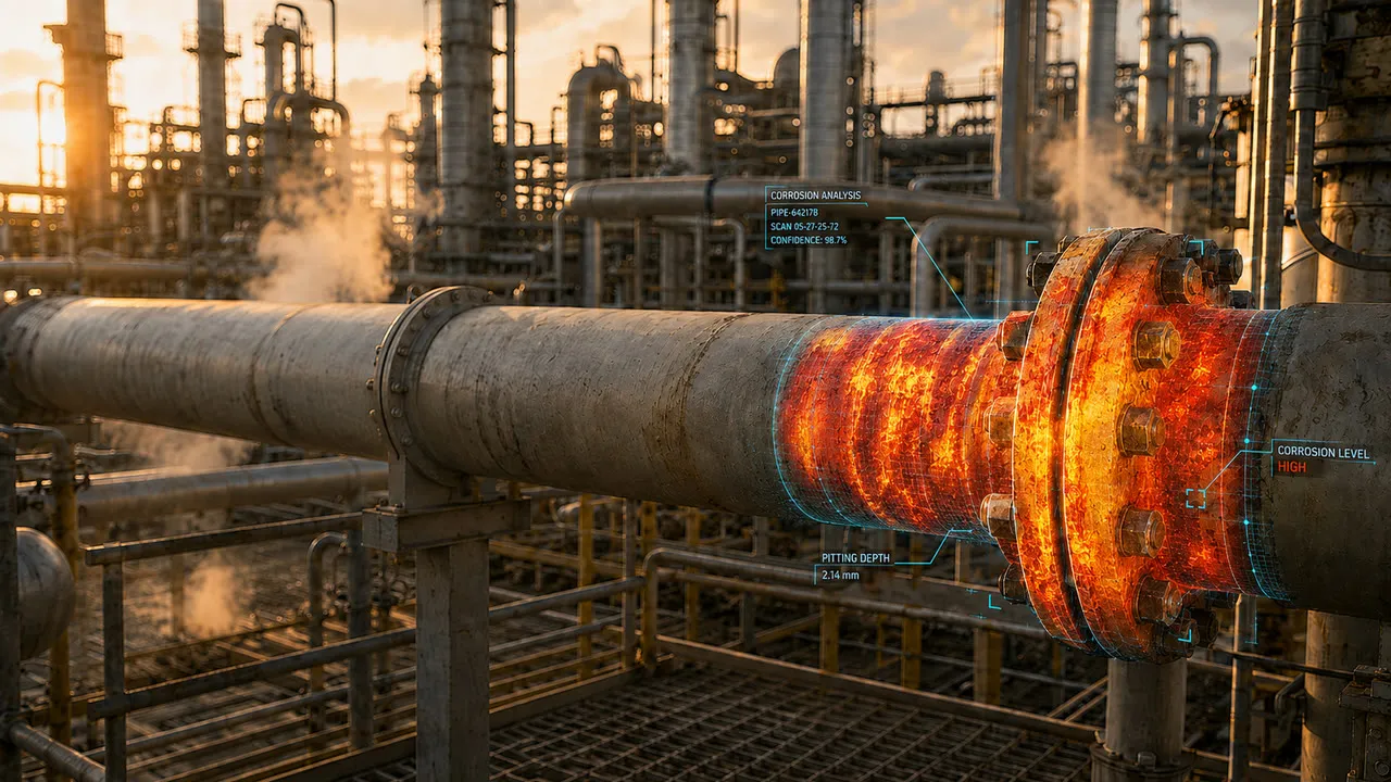 A corroded flange on an outdoor pipe rack, highlighted in orange by a corrosion analysis overlay.