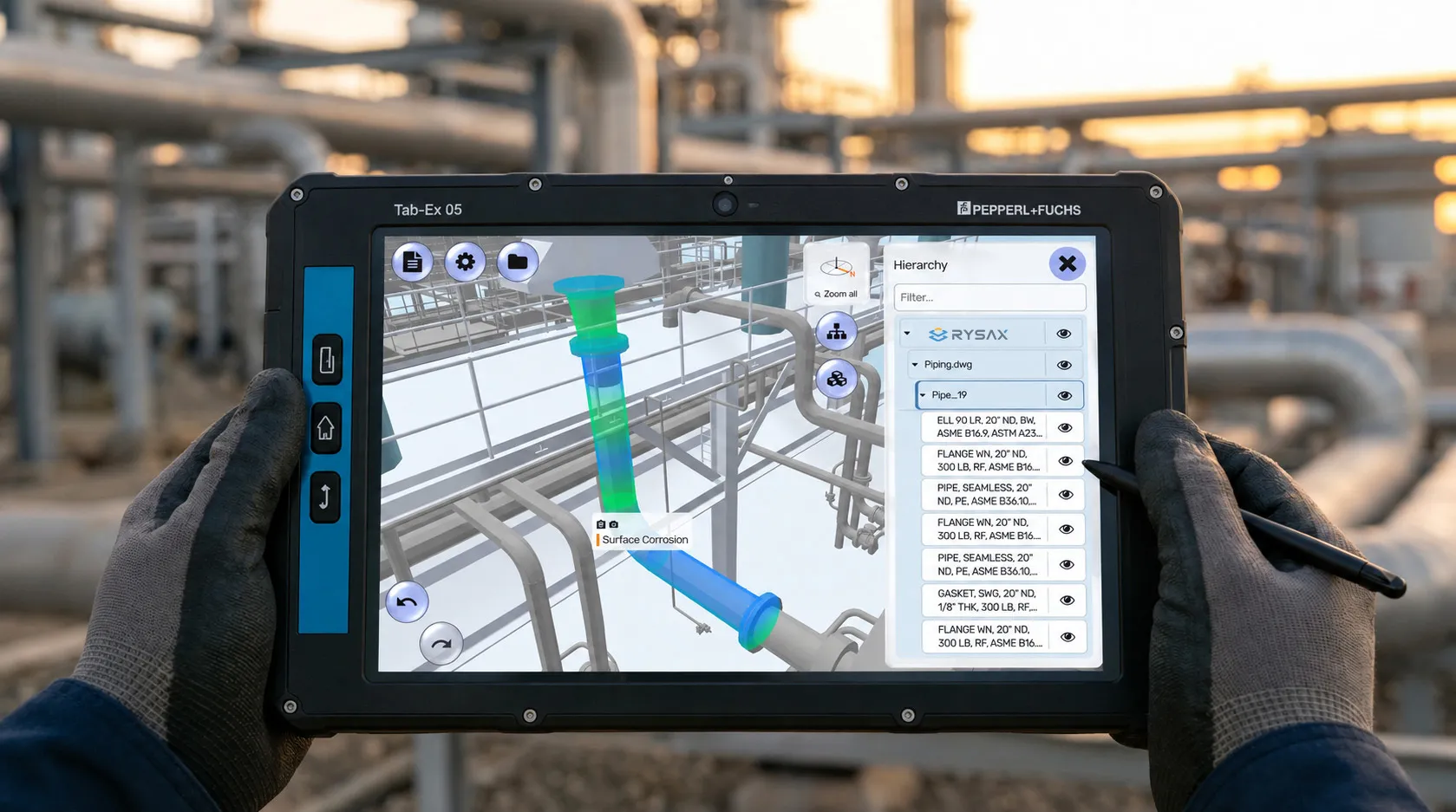 An inspector holding a rugged tablet in both gloved hands, the screen showing the three dimensional model of a pipe run with one length marked as a surface corrosion finding, a refinery at sunset behind it.