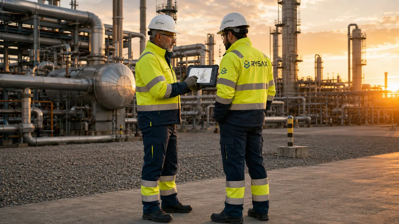 Two Rysax field workers in high visibility jackets reviewing an inspection on a tablet in front of a process plant at sunset.
