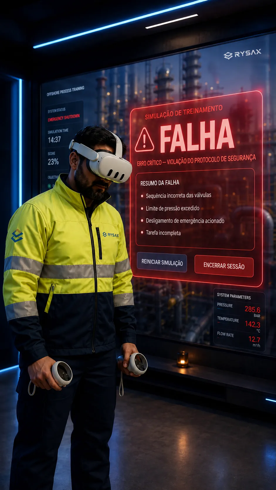 Técnico de campo da Rysax, de headset de realidade virtual, diante de uma tela grande onde uma simulação de treinamento terminou em falha, listando os erros que a causaram.