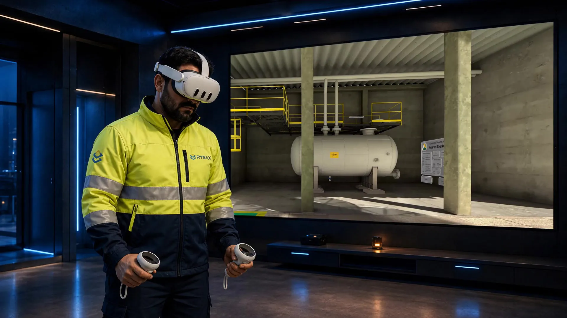 A Rysax field technician in high visibility clothing wearing a virtual reality headset and holding two controllers, facing a large screen showing a simulated industrial unit.