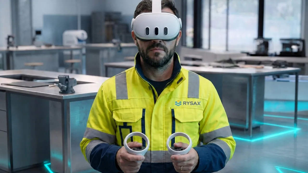 A Rysax technician in a virtual reality headset holding two controllers in a training room.
